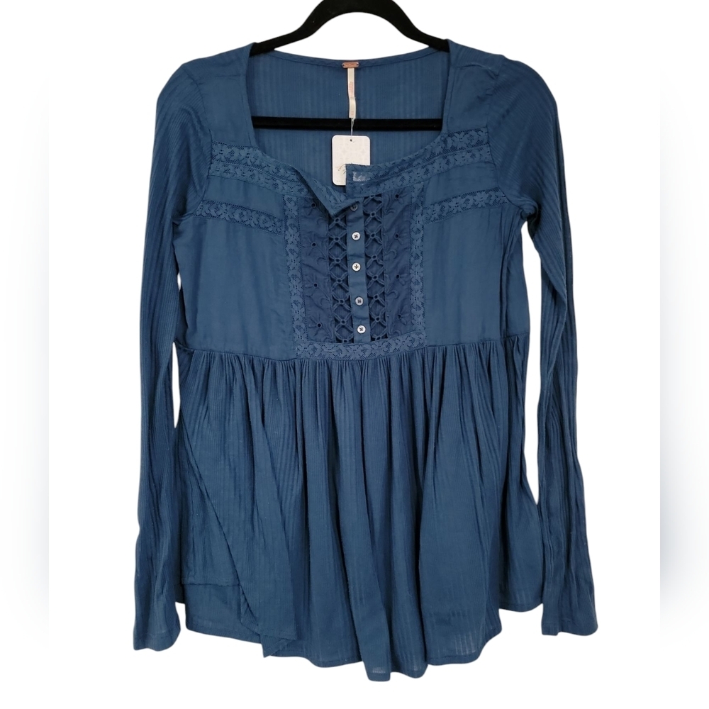 Free People Blue Smocked Bib Collar Blouse NWT!